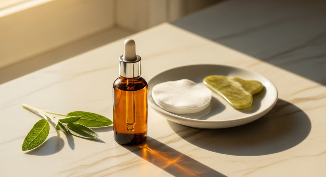Clean morning skincare routine flat-lay with PDRN serum — Leaf & Bird editorial