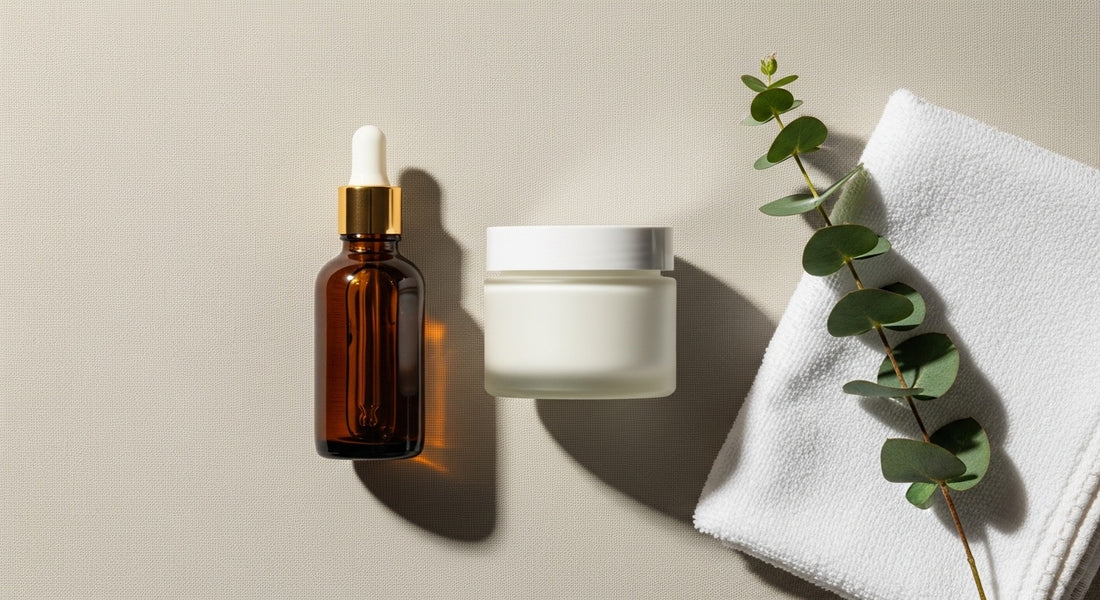 Pregnancy-safe PDRN serum and clean cream jar on linen — Leaf & Bird editorial flat lay