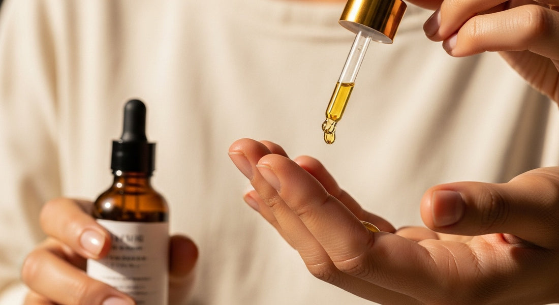 Brightening serum being dropped onto fingertips — Leaf & Bird editorial