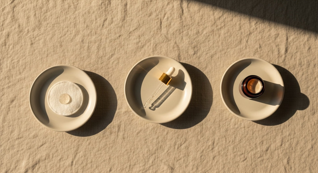 Three minimalist skincare arrangements suggesting progression — Leaf & Bird editorial