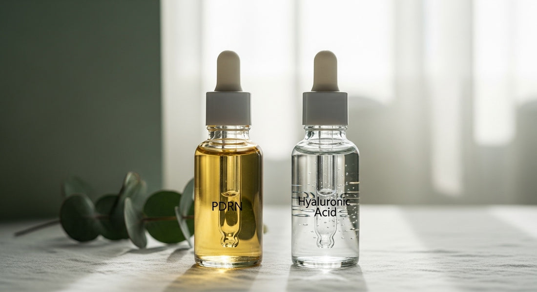 PDRN serum and hyaluronic acid serum side by side — clinical skincare comparison