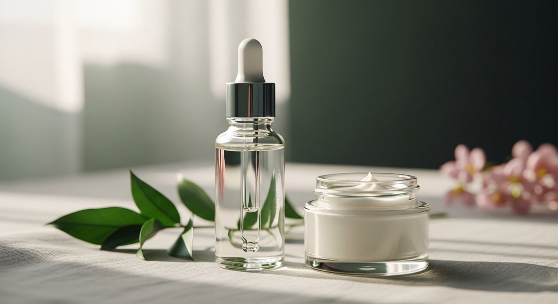 PDRN serum and peptide cream side by side on soft linen — clean beauty anti-aging comparison