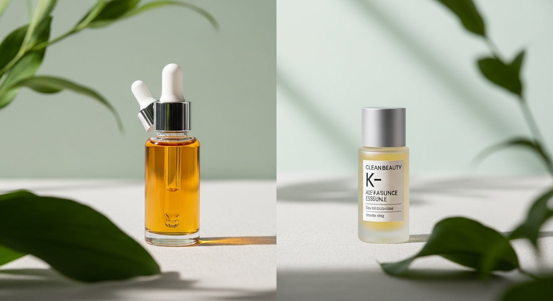 Vegan PDRN serum bottle next to K-beauty essence — side by side comparison of snail mucin versus PDRN