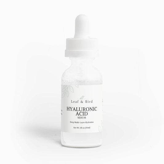 Leaf & Bird Hyaluronic Acid Serum, 1 fl oz clear glass dropper bottle
