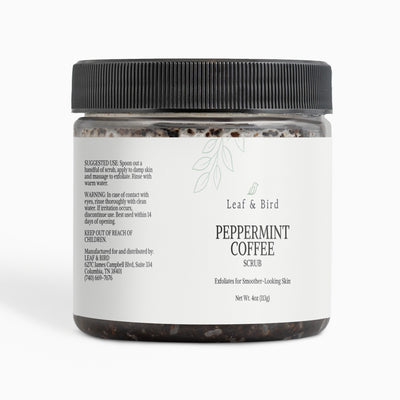Leaf & Bird Peppermint Coffee Scrub, 4 oz clear jar with black lid