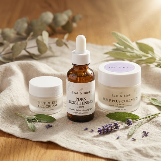 Leaf & Bird Anti Aging Stack skincare bundle — 3 products on linen with botanicals