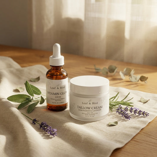 Leaf & Bird First Drop Duo skincare bundle — 2 products on linen with botanicals