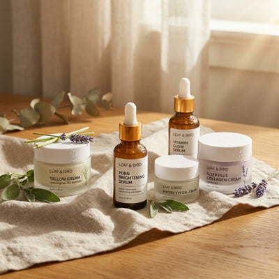 Leaf & Bird Full Ritual skincare bundle — 5 products on linen with botanicals