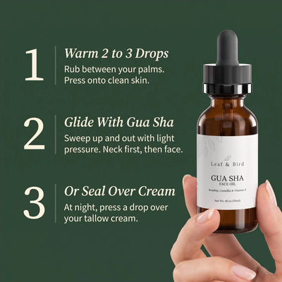 How to use Gua Sha Face Oil: warm 2 to 3 drops, glide with gua sha, or seal over cream