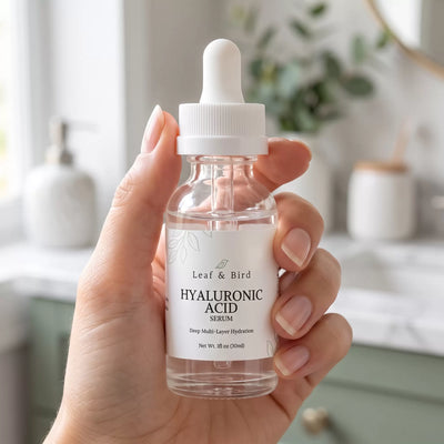 Hyaluronic Acid Serum clear glass dropper bottle held in hand