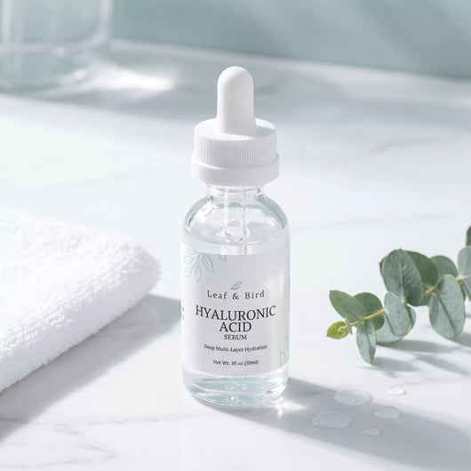 Leaf & Bird Hyaluronic Acid Serum on a white marble counter with eucalyptus and water drops