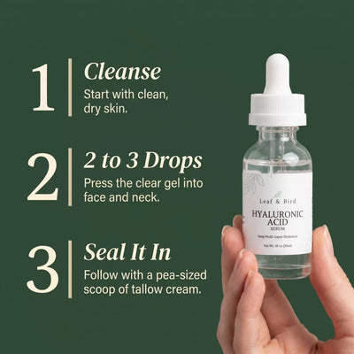 How to use Hyaluronic Acid Serum: cleanse, apply 2 to 3 drops, seal with tallow cream