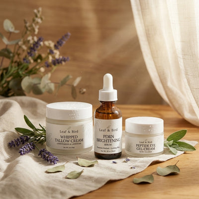 Leaf & Bird Hydrate And Restore skincare bundle — 3 products on linen with botanicals