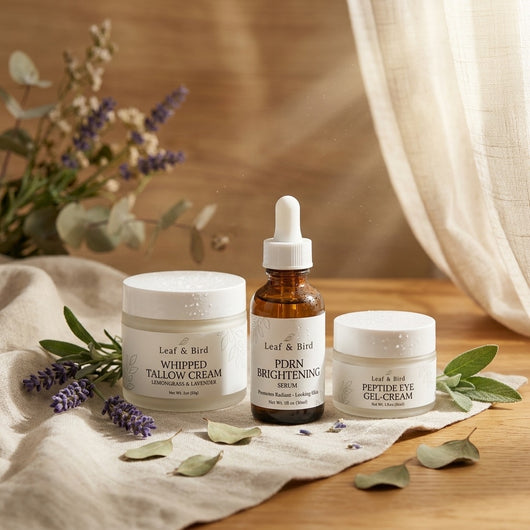 Leaf & Bird Hydrate And Restore skincare bundle — 3 products on linen with botanicals