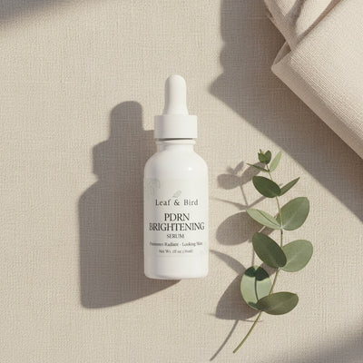 Vegan PDRN Brightening Serum — editorial flat-lay lifestyle photo on linen