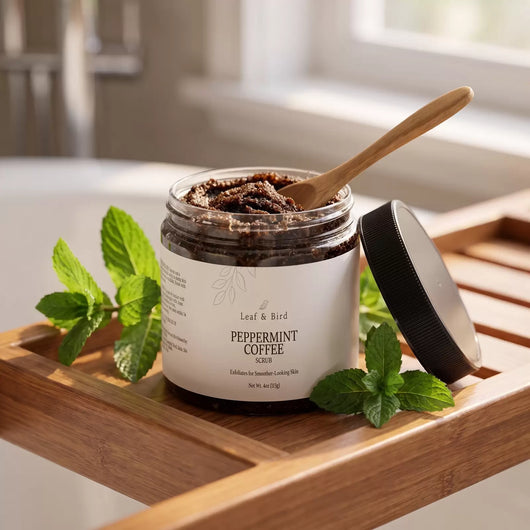 Open jar of Peppermint Coffee Scrub with a wooden spoon and the black lid beside it