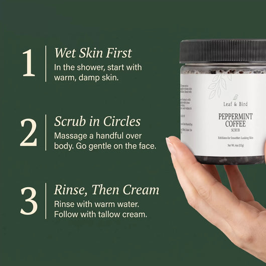 How to use Peppermint Coffee Scrub: wet skin, scrub in circles, rinse, then cream
