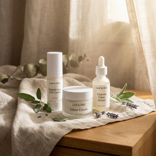 Leaf & Bird Pregnancy Safe Edit skincare bundle — 3 products on linen with botanicals