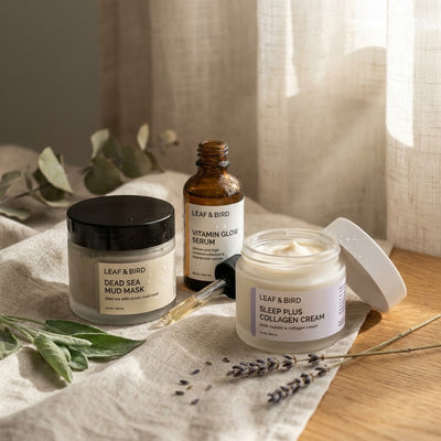 Leaf & Bird Radiance Bundle skincare bundle — 3 products on linen with botanicals