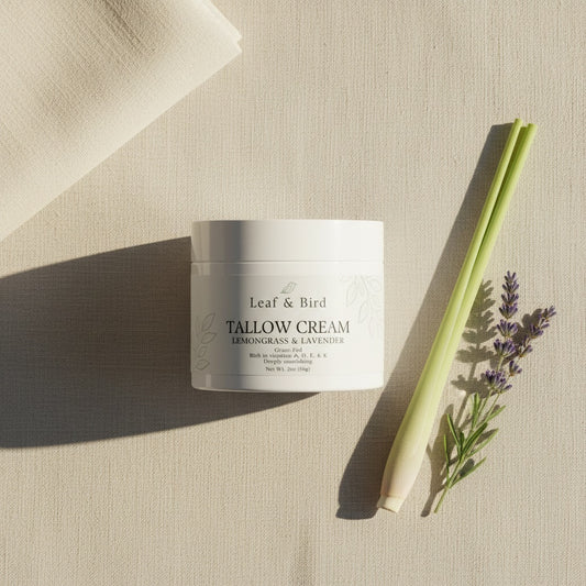 Whipped Tallow Cream — Lemongrass & Lavender — editorial flat-lay lifestyle photo on linen