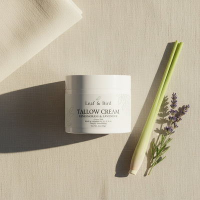 Whipped Tallow Cream — Lemongrass & Lavender — editorial flat-lay lifestyle photo on linen