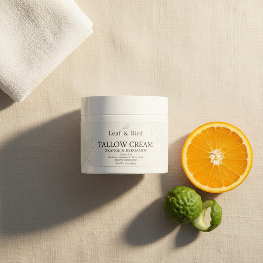 Whipped Tallow Cream — Orange & Bergamot — editorial flat-lay lifestyle photo on linen