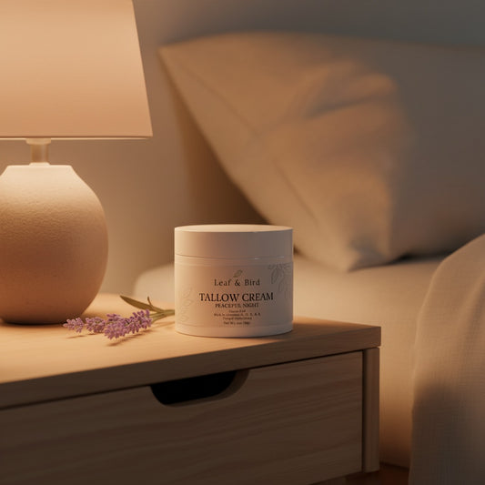 Whipped Tallow Cream — Peaceful Night — bedside table lifestyle photo